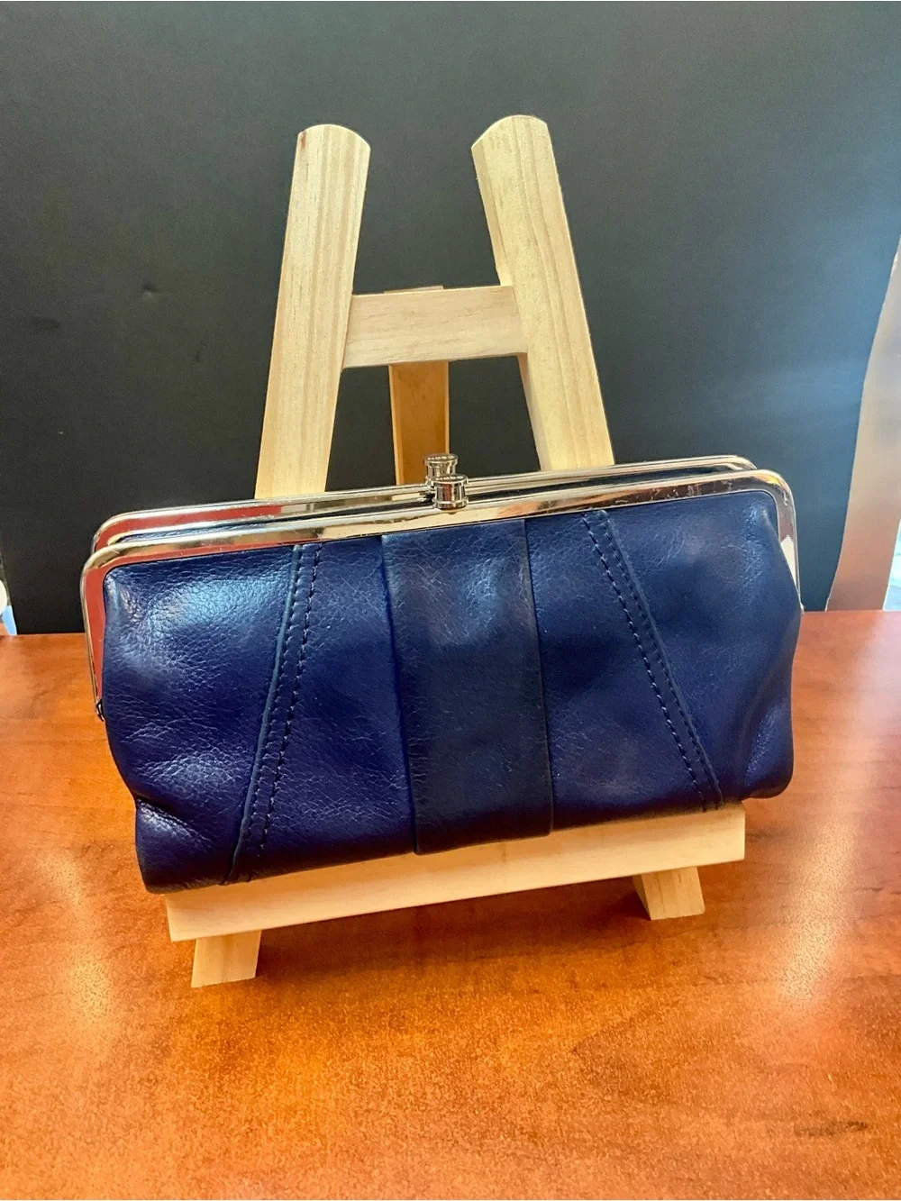 HOBO Navy Leather Frame Clutch with Silver Trim